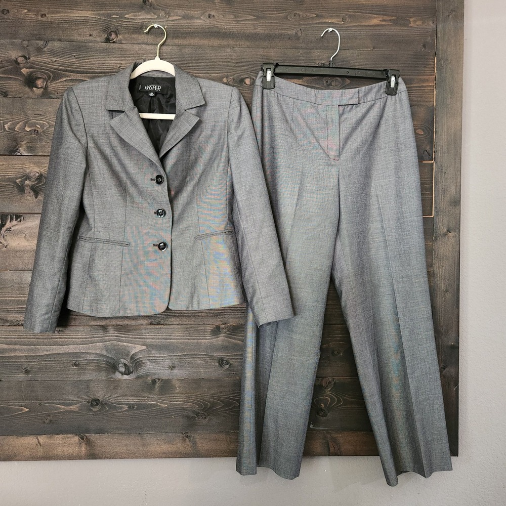 Kasper Womens Gray 2 Piece Pant Suit Blazer Trousers Set Size 6P Petite